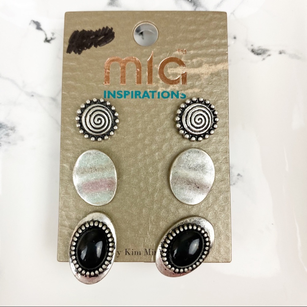 💕 Silver and Black Disk Post Earring Trio Lot NEW